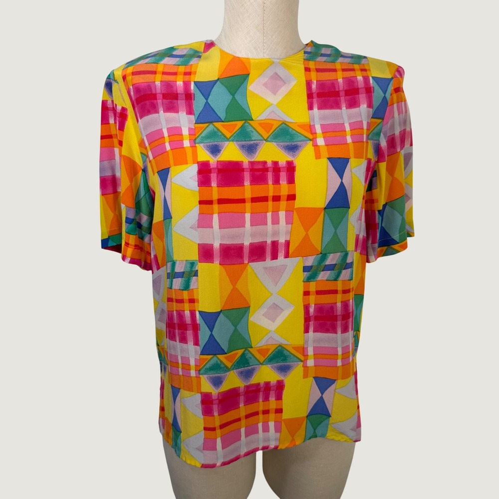 Galinda Womens XS Silk Blouse Multicolor Geometric Plaid Vintage Shoulder Pads